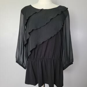 Chicos Black Ruffle Chiffon Tunic Women 2 (12 or L) Whimsygoth Dark Fairy Office